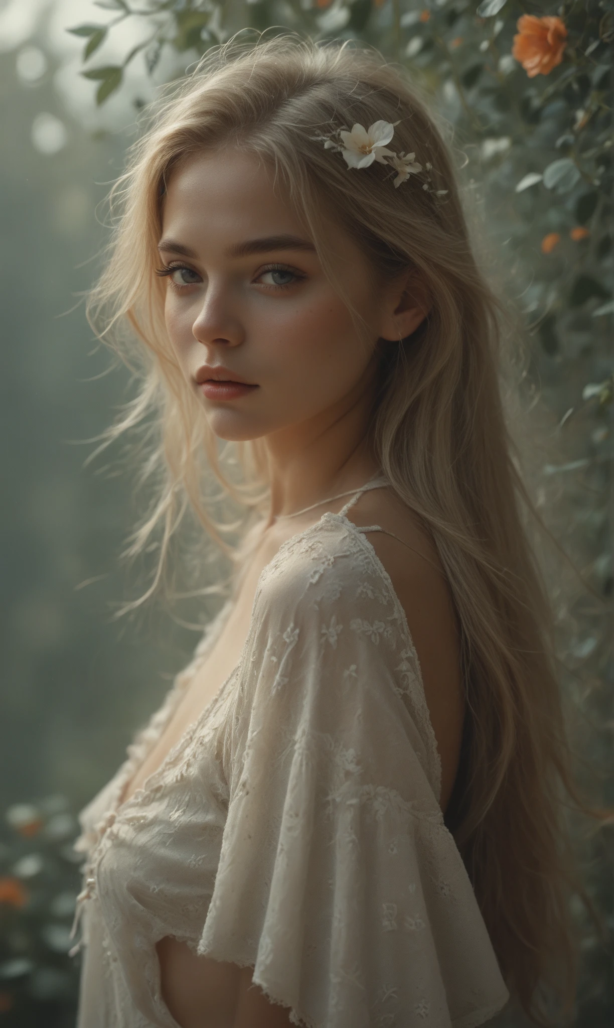 Margot Robbie(super detailed), 8k high resolution wallpaper, best quality, 80mm lens, Margot Robbie, full body photo, straight blonde hair, (highly detailed hair: 1.4), smoke, mist, (dark forest: 1.1), bokeh, faded, neutral colors, (hdr: 1.5), ((soft colors)), artstation, ultra detailed, cinematic lens, dramatic lighting, intricate detail, [vignette], complex background, ((((Film Look))),   Soft Tones, Crazy Detail, Intricate Detail, Ultra Detail, Low Contrast, Soft Cinematic Lighting, Dark Colors, Exposure Mix, hdr, Faded, Slate Gray Atmosphere, (Wide Angle), Realistic, Sharp Focus, Beautiful Lips,Ultra Detailed Eyes,Full Body,Exposed Neckline, Sexy, Paint Drops, Outdoor, Exposed Shoulders, Blue Sea,Mountains