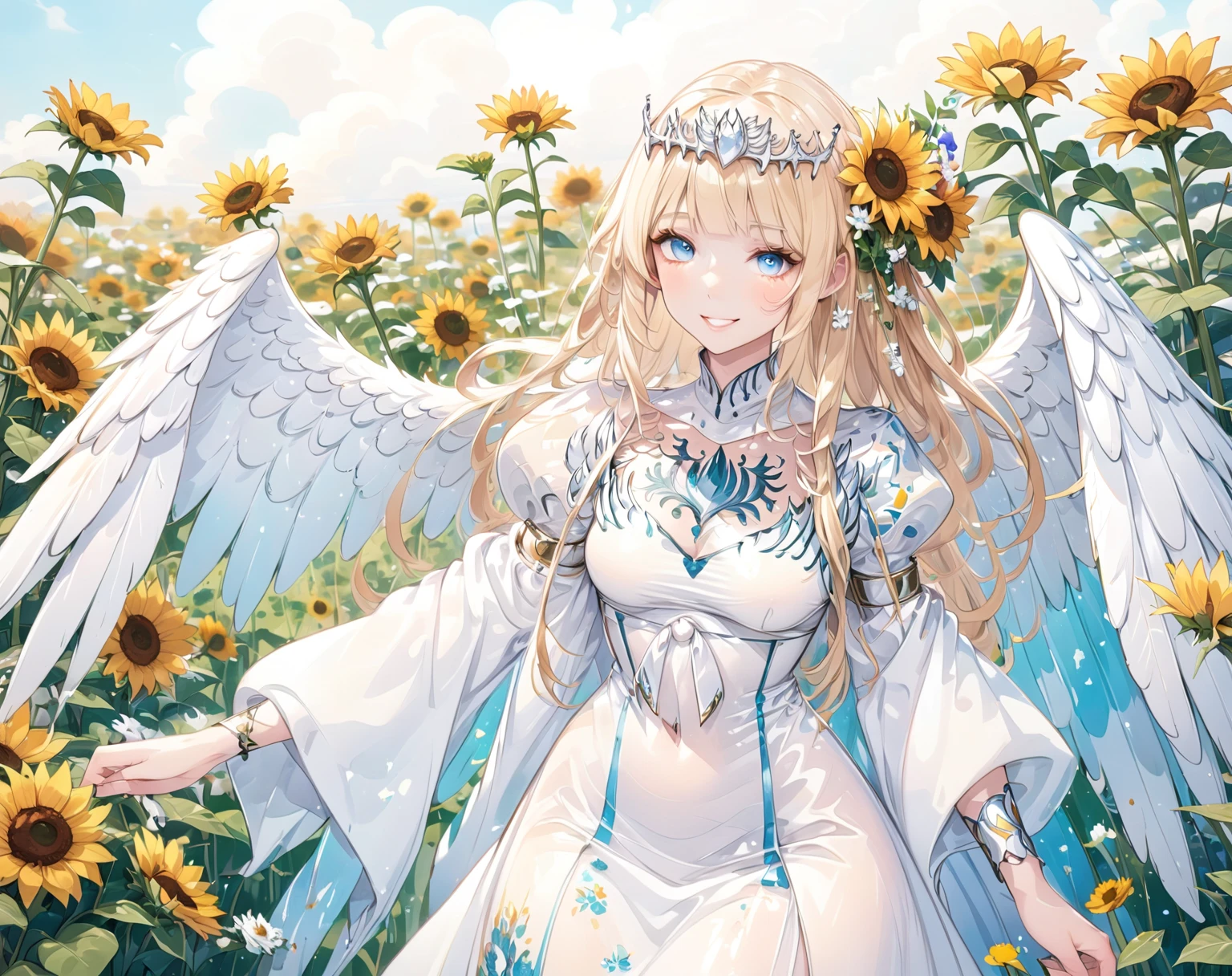 (masterpiece, best quality, 8K HD, colorful ink painting, watercolor splashing pencil drawing), Calca Bessarez, blonde hair, extremely long hair, white tiara, white dress, blunt bangs, (enormous white wings:1.3), (very big wings:1.2), (upper wings:1.1), light blue eyes, solo, 25 years old, mature female, a beautiful smiling girl, her hands on her cheeks, sunflowers and wildflowers on her hair, anime style, full body portrait, detailed character design, complex clothing and design, digital art style, white background
