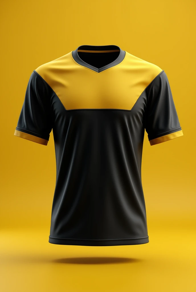 A professional football shirt, elegant and 90's style, black and with gold parts like on the sides, the neck, and the end of the sleeves, without shield, the neck en forma de circulo