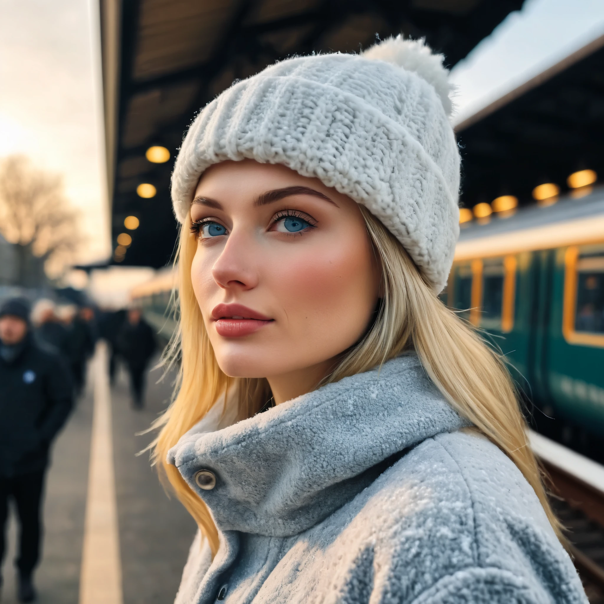 a realistic side-view portrait of a beautiful blonde girl with blue eyes standing in outdoor train station, close-up shot, look up to the sky, (detailed beautiful face), (photo take by Iphone), Instagram model, she wearing an fleece coat, sweatpants and wool hat, sunset light, winter season, light snow falling, cozy atmosphere, bokeh, diffused light, soft focus, depth of field, intricate detail