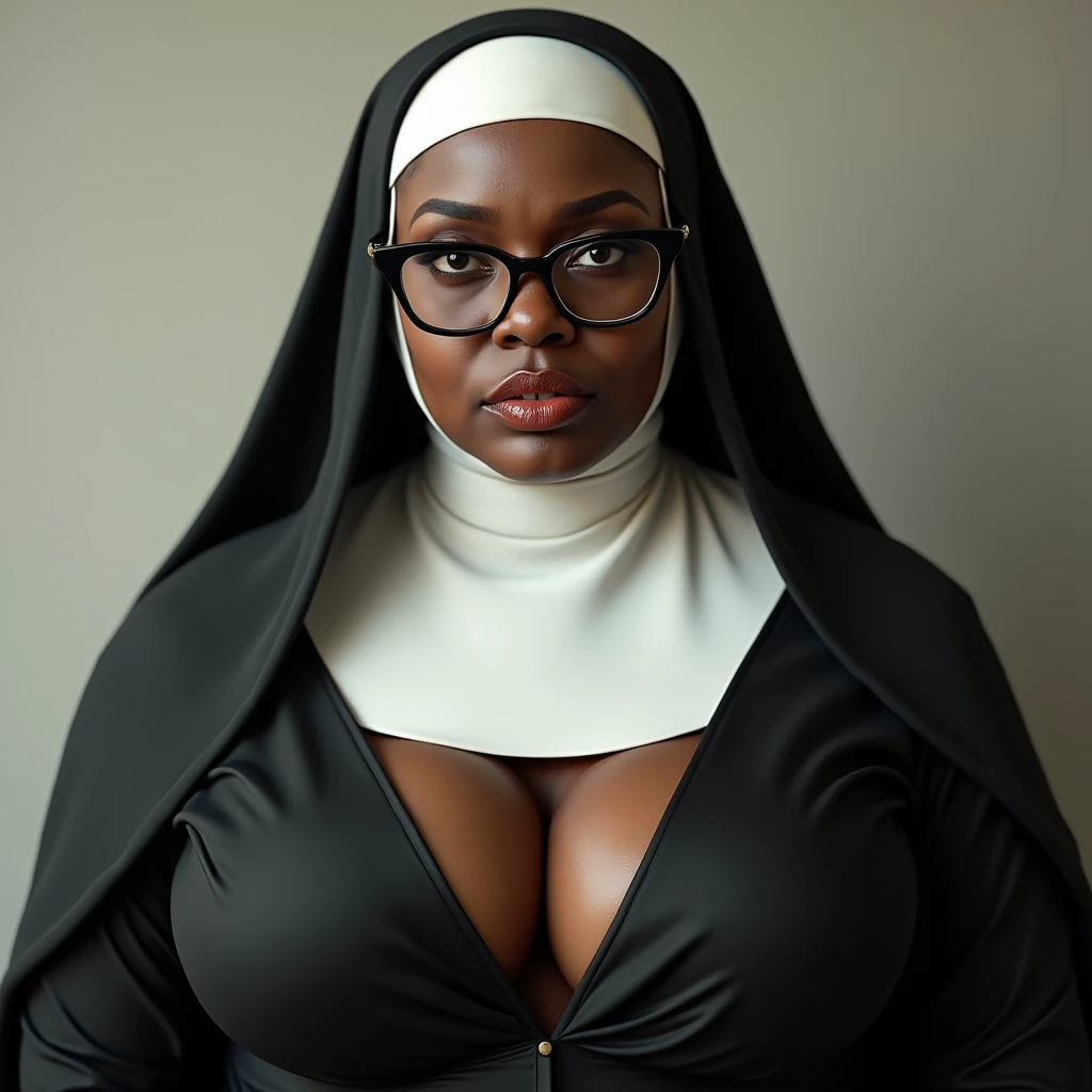 ultra detailed,high resolution, nsfw,uncensored, topless busty ((African Black woman:1.1)), in church with ((unrealisticly massive tits ,wide tits, ,oversize tits, hanging tits,droopy tits,inflated and saggy tits, flat stomach)), ((extremely unshaven hairy crotch and pubic)),((black areolas and nipples)), ((she is wearing makeup, dark red lipstick, and a clergy collar))