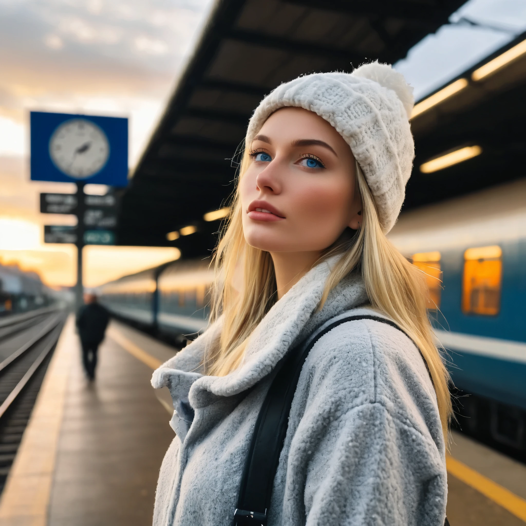 a realistic side-view portrait of a beautiful blonde girl with blue eyes standing in outdoor train station, close-up shot, look up to the sky, (detailed beautiful face), (photo take by Iphone), Instagram model, she wearing an fleece coat, sweatpants and wool hat, sunset light, winter season, light snow falling, cozy atmosphere, bokeh, diffused light, soft focus, depth of field, intricate detail