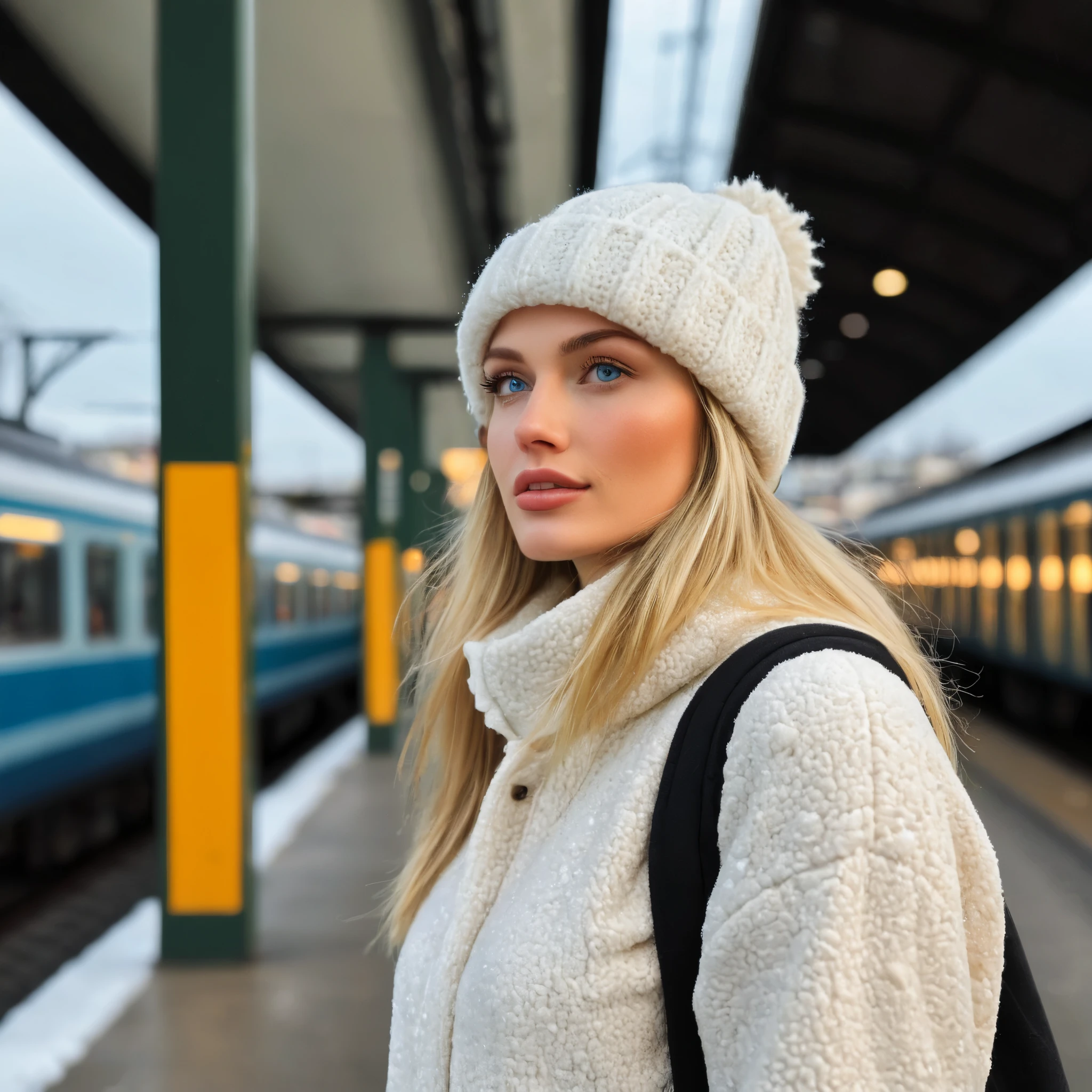 a realistic side-view portrait of a beautiful blonde girl with blue eyes standing in outdoor train station, close-up shot, look up to the sky, (detailed beautiful face), (photo take by Iphone), Instagram model, she wearing an fleece coat, sweatpants and wool hat, sunset light, winter season, light snow falling, cozy atmosphere, bokeh, diffused light, soft focus, depth of field, intricate detail