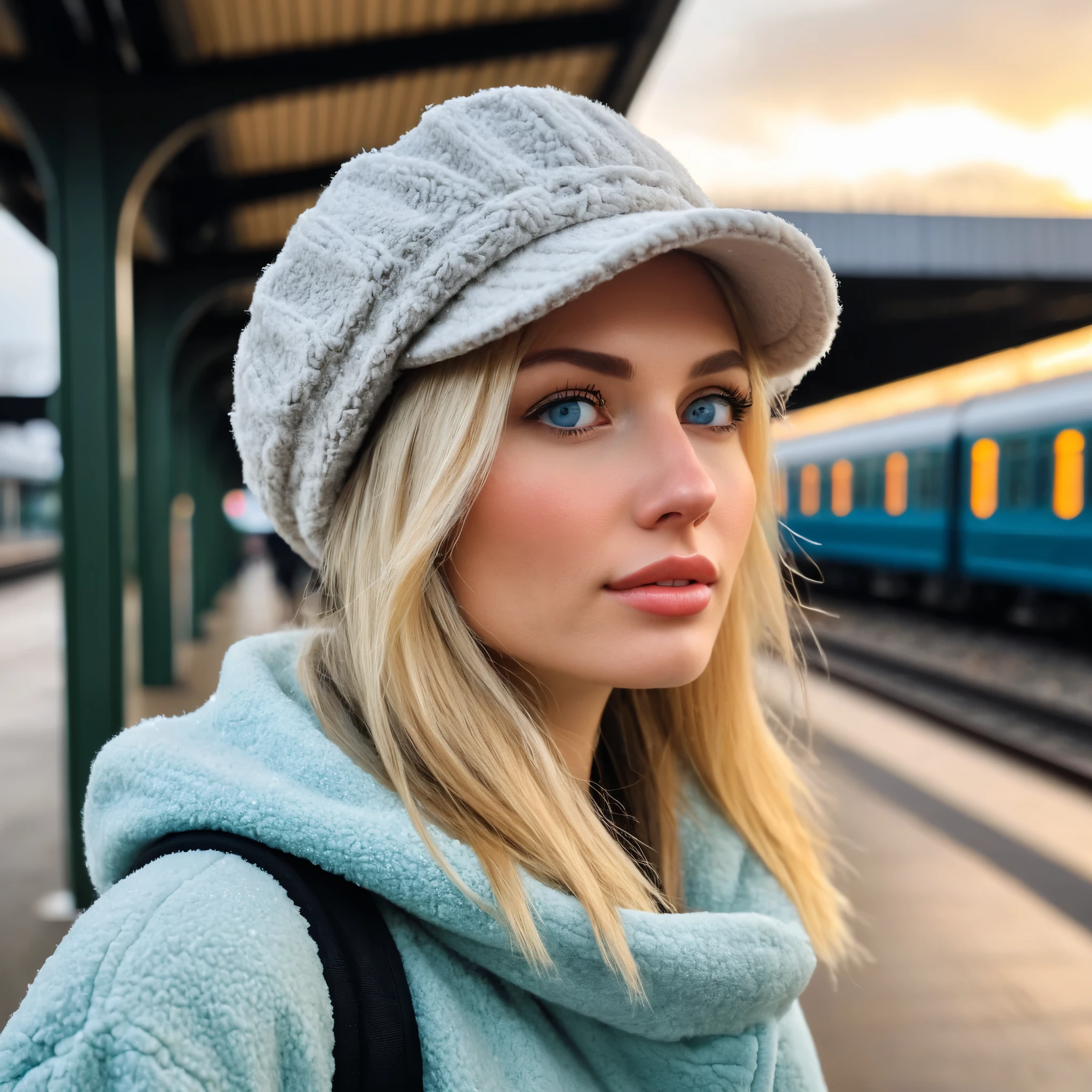 a realistic side-view portrait of a beautiful blonde girl with blue eyes standing in outdoor train station, close-up shot, look up to the sky, (detailed beautiful face), (photo take by Iphone), Instagram model, she wearing an fleece coat, sweatpants and wool hat, sunset light, winter season, light snow falling, cozy atmosphere, bokeh, diffused light, soft focus, depth of field, intricate detail