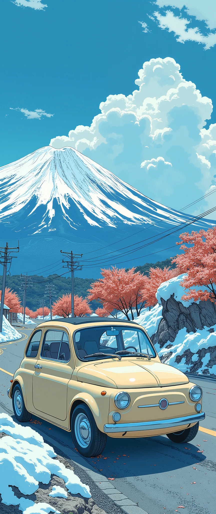 There is a yellow car driving down a snowy road with a mountain in the ...