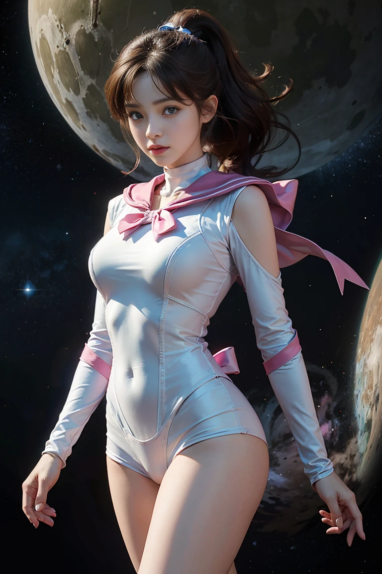 Beautiful young woman in a space combat suit， K-comic style ， wearing a ponytail ，Green eyes，Height 170cm， Sailor Moon under the moon , Sailor Jupiter, 가슴 쪽 pink ribbon, pink ribbon,  I like to exercise . A beautiful young woman in a space suit is posing .  Height 172,  has a beautiful body .  I like exercising .