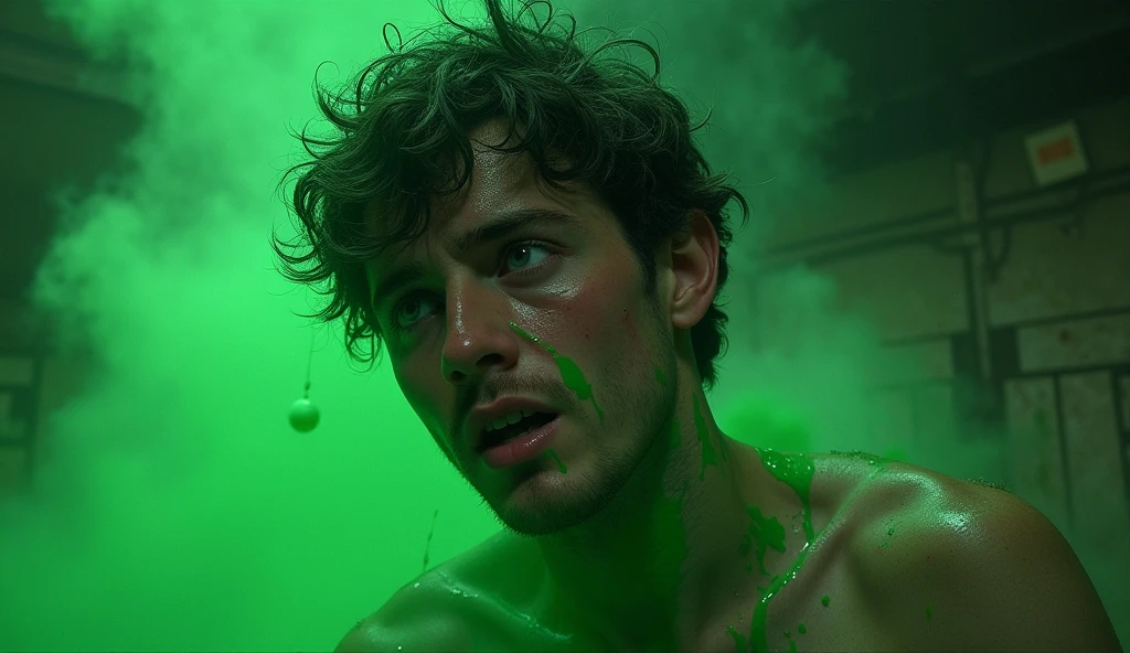 create a super high resolution 3d close up image of a man with an extremely horrified expression as the seaweed appears to grow inside him, wrapping around his veins and taking control of his body. His face shows clear signs of fear and despair.