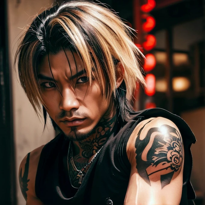 1 man, Japanese man, male, Asian eyes, muscular, broad shoulders, yakuza tattoos, hairstyle Visual Kei style, hair Visual Kei, black men's shirt and black pants, ultra detailed face, hyperrealistic, realistic representation, long hair, long hair, 30 years old, age 30 years, blond, blonde hair
