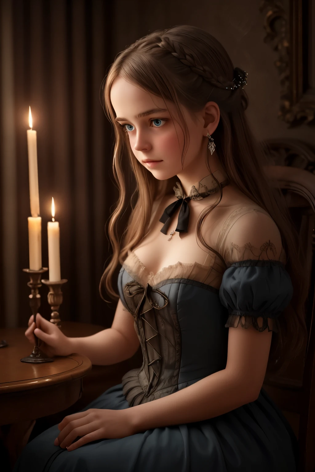 (best quality,realistic),Christmas Eve atmosphere,classic literature,portraits,Victorian era,Christmas Eve atmosphere,creepy mansion,richly detailed backgrounds, mysterious shadows,candlelit room,Virginia's flowing gown,subtle smiles,magic realism,ethereal beauty, Christmas Eve,intense gazes,subdued lighting,flickering candles,faded elegance,antique furniture,crimson drapes,sublime sorrow,transcendent artistry,translucent figures,heartfelt connection,gothic romance,emotional depth,unsettling silence,fleeting encounters,ethereal whispers,bittersweet revelation,sublime melancholy, llustration of Virginia Otis blonde hair blue eyes youngest cute face,