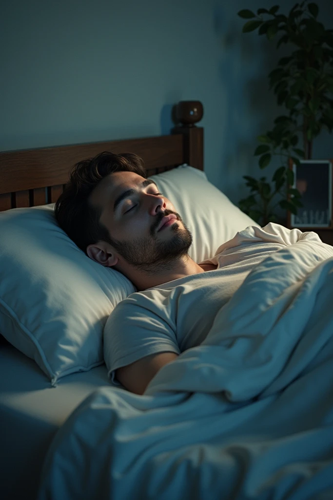 Man lying on left side of blue bed