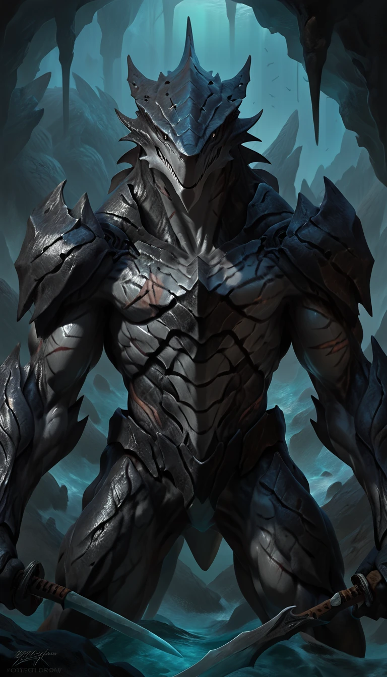 sharkfolk, anthro shark, solo, portrait, scaly, detailed skin, experienced predator, monster, grin, bio armor, mcnm, gray body, black arms, matte body, toned, muscular anthro, big muscles, scars on body, 1male solo, anthro, muscular, thick neck, thick shark tail, strong arms and legs, sharp fins, pants, marked jaw, shark snout, water cave scenery, horror, best quality, 4k, ultra-detailed, by laobai, by taran fiddler, by honovy