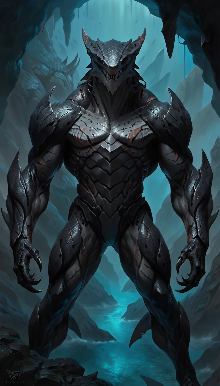 sharkfolk, anthro shark, solo, portrait, scaly, detailed skin, experienced predator, monster, grin, bio armor, mcnm, gray body, black arms, matte body, toned, muscular anthro, big muscles, scars on body, 1male solo, anthro, muscular, thick neck, thick shark tail, strong arms and legs, sharp fins, pants, marked jaw, shark snout, water cave scenery, horror, best quality, 4k, ultra-detailed, by laobai, by taran fiddler, by honovy