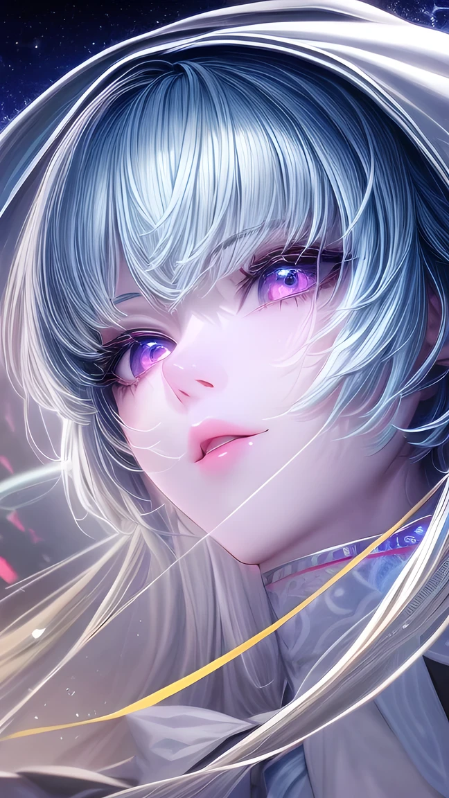 (masterpiece, high quality, best quality, Official Art , Beautiful and wonderful :1.2), ( 1 girl), extremely detailed eyes , (Fractal Art:1.3), Colorful, Most detailed, ( perfect face), glossy skin , high dynamic range , ( white cape gold lines :1.2), galaxy, (Light streaks), attention-grabbing visual effects, (Dynamic stripes , glowing trajectory :1.2), bright colors ,No teeth showing,Don't open your mouth,Not blurry。