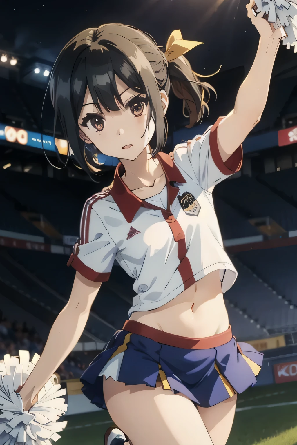 She's wearing a cheerleader costume with a cute design, and her miniskirt and bright bow are eye-catching. The background is a soccer stadium illuminated by the night sky, and the lighting creates a dramatic atmosphere. She is cheering in a pose with one leg raised high. White panties are visible. Masterpiece , top quality, ( colorful ),(gentle eyes and face ), Volumetric Light , ray tracing, Highly Detailed CG Unity 8K Wallpaper , 1 girl , clavicle, Short sleeve, 