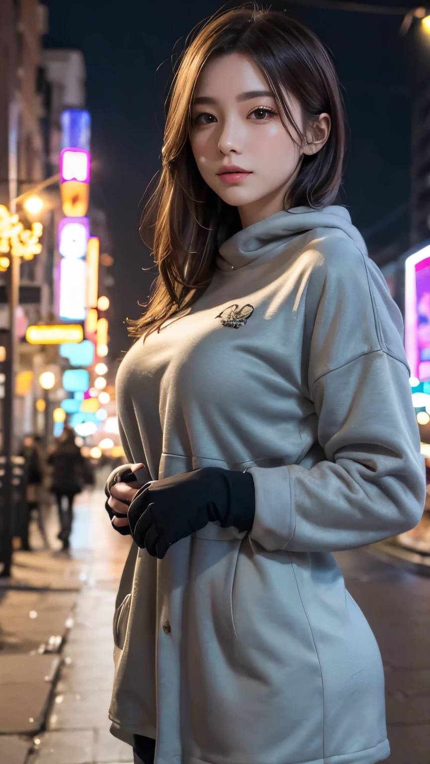 (Best quality, 8k, Masterpiece: 1.3)), sexy Beauty, young girl from usa, long wavy black hair, big breast, in high-covering black hoodie and grey leggings, on streat , instagram post, looking at the camera, cute smile, shallow depth of field, beautiful babe 