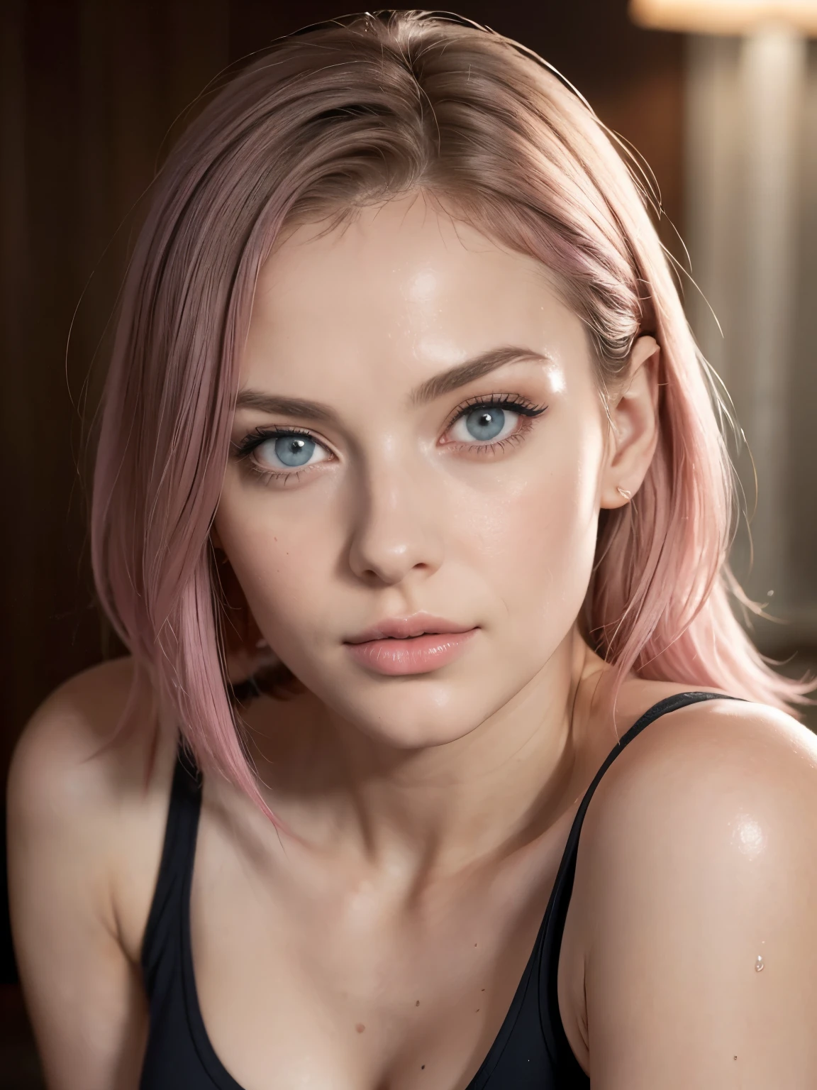 young woman, short shoulder-length pink hair, wide forehead, porcelain skin, pink eyebrows, big emerald green eyes, buttoned nose, full lips, heart-shaped face, slender body, small breasts, red tank top, Sakura Haruno , realistic, realism, details, 3d, well detailed, a sharp nose, white skin, and a soft face, (best quality, highres:1.2), 1girl, beautiful detailed eyes, beautiful detailed lips, extremely detailed eyes and face, long eyelashes, medium, HDR, studio lighting, sharp focus, physically-based rendering, extreme detail description, portraitig small breasts, perfect shape, facing viewer, sweaty, gorgeous, appearing in full frame, sleeveless turtleneck, ung girls, good-looking, Beautiful fair skin and luster, Beautiful eyes are big and bright, Small mouth and thin lips, Goodness of style and slendernes beautiful small breast:1.4), beautiful girl illuminated by seven colors of light, Irridescent color, dynamic pose, show vagina, vagina gape, squirt vagina hairly, wide open legs, super wet water, show nipples in small breasts, shadow +10.0, exposure +1.5, soft lighting body.