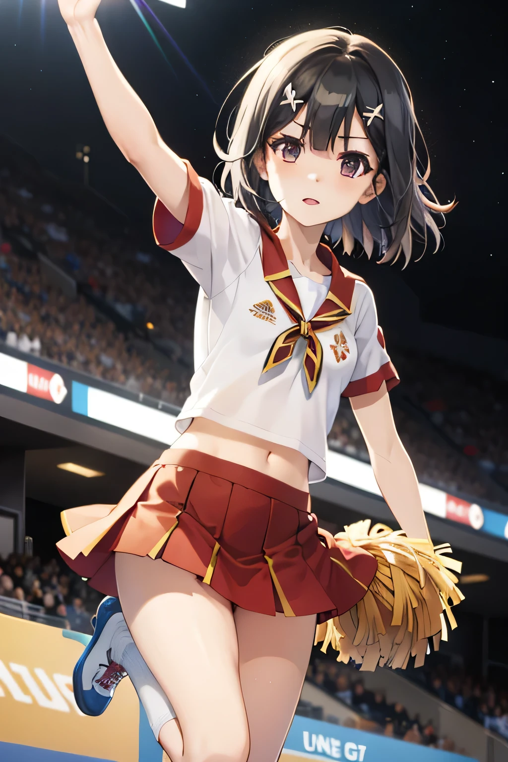 She's wearing a cheerleader costume with a cute design, and her miniskirt and bright bow are eye-catching. The background is a soccer stadium illuminated by the night sky, and the lighting creates a dramatic atmosphere. She is cheering in a pose with one leg raised high. White panties are visible. Masterpiece , top quality, ( colorful ),(gentle eyes and face ), Volumetric Light , ray tracing, Highly Detailed CG Unity 8K Wallpaper , 1 girl , clavicle, Short sleeve, 