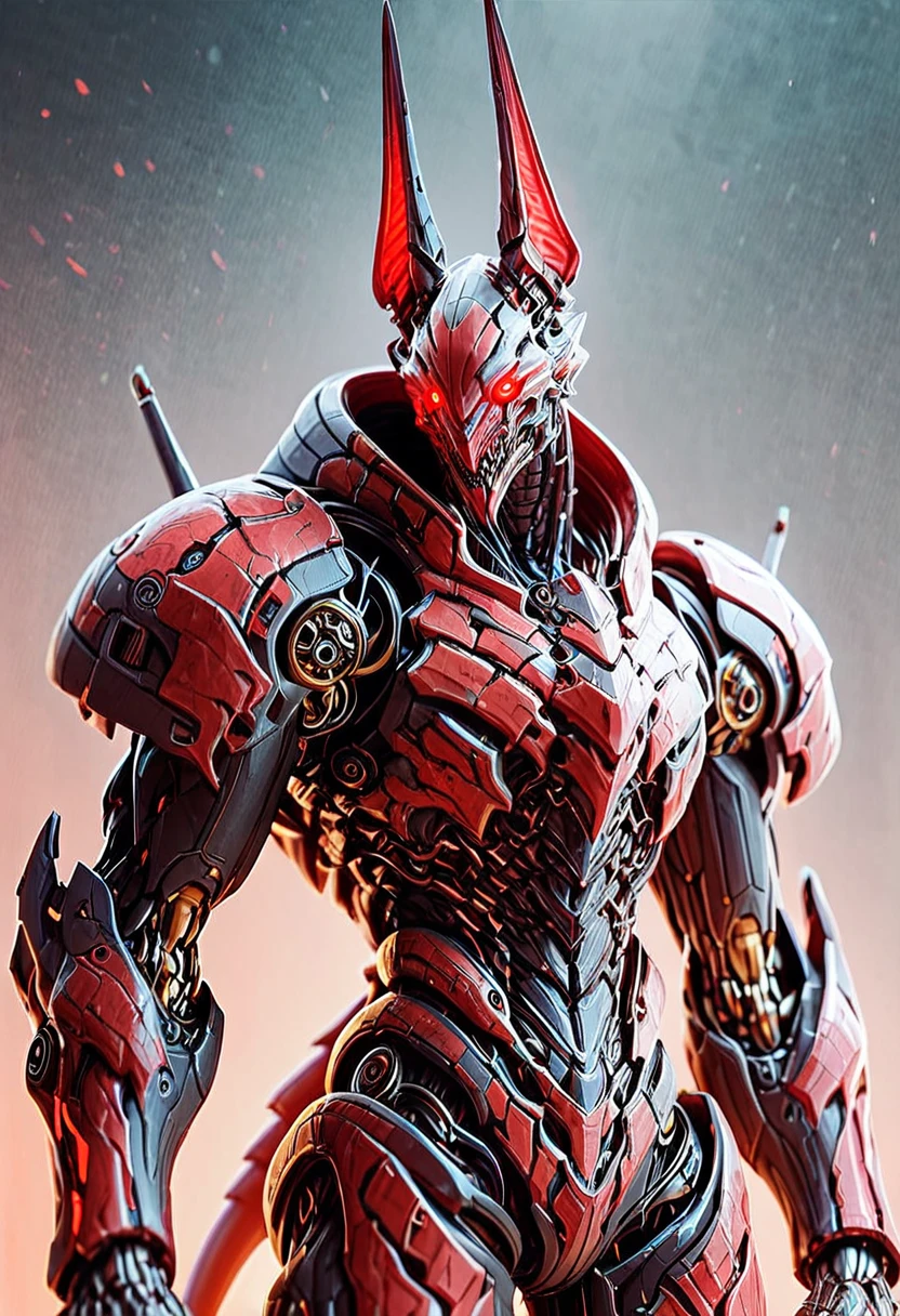 muscular armored anthro jackal, demonic, red glowing eyes, bio armor, mcnm, robotic joints, robotic parts, mechanization, score_9, score_8_up, score_7_up, score_6_up, score_5_up, score_4_up,