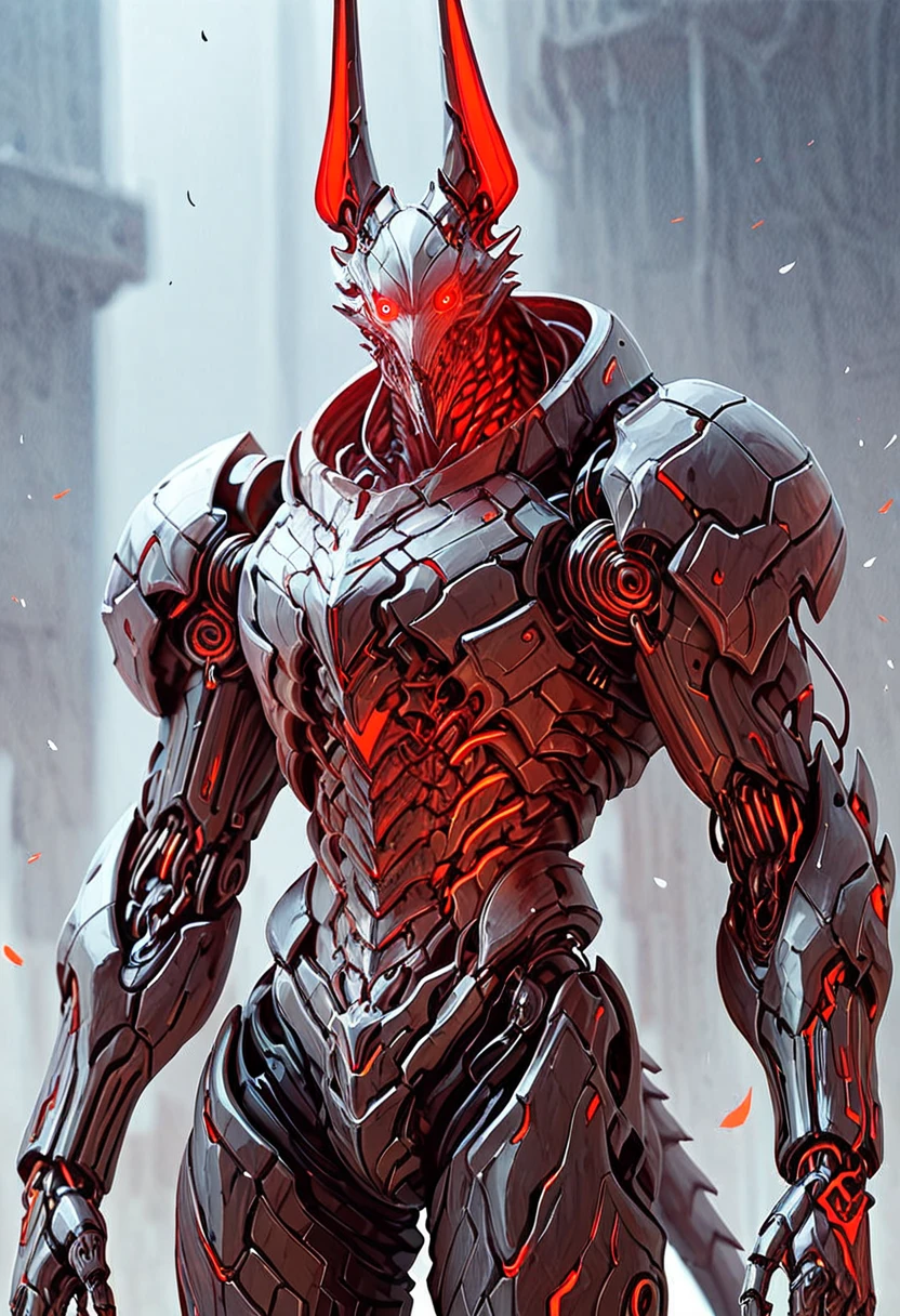 muscular armored anthro jackal, demonic, red glowing eyes, bio armor, mcnm, robotic joints, robotic parts, mechanization, score_9, score_8_up, score_7_up, score_6_up, score_5_up, score_4_up,