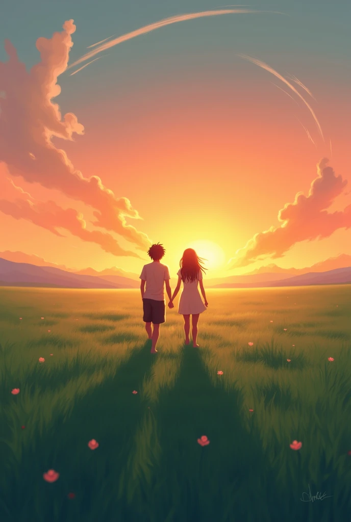 Distant view, an image of a couple walking through a dark green grass field, The boy is wearing a plaid shirt and jeans, the girl is wearing a long white dress, Both are holding hands and moving away from the camera's perspective, towards the horizon, sunet, many white cloud, romantic, Create a peaceful and open space, blue is the main color, anime, 8k