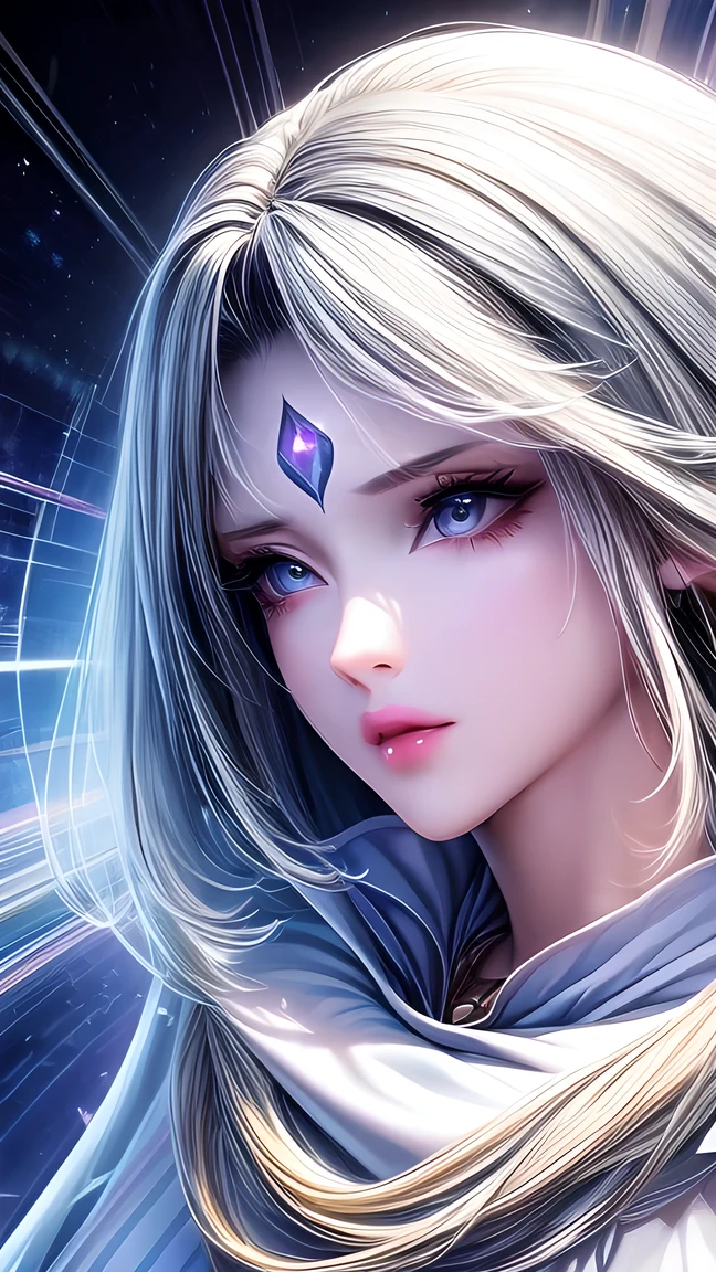 (masterpiece, high quality, best quality, Official Art , Beautiful and wonderful :1.2), ( 1 girl), extremely detailed eyes , (Fractal Art:1.3), Colorful, Most detailed, ( perfect face), glossy skin , high dynamic range , ( white cape gold lines :1.2), galaxy, (Light streaks), attention-grabbing visual effects, (Dynamic stripes , glowing trajectory :1.2), bright colors ,No teeth showing,Don't open your mouth,Not blurry。