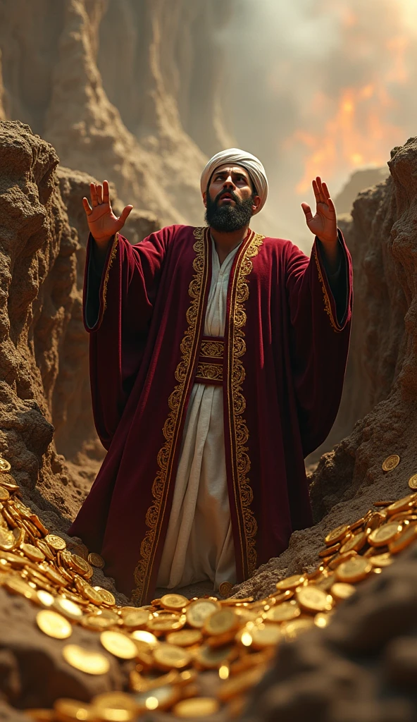 Create a hyper-realistic and mysterious image of Solomon in an underground treasure chamber, where piles of gold coins and chests of jewels are carefully stored. He is standing next to a large open safe., putting a new stack of coins inside, symbolizing the importance of saving. The environment should be lit by torches on the walls, casting a soft golden light that highlights the shine of the gold, but with deep shadows that create a sense of mystery and protection. Solomon's expression must be one of satisfaction and prudence., highlighting that economies are the foundation of future prosperity.
