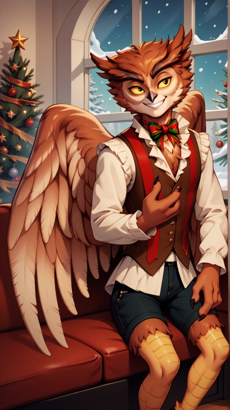 masterpiece, 1boy, herneval, solo, owl, feathered, wings, vest, yellow sclera, three fingers each hand, bird legs, spread wings, xmas, victorian indoors, xmas tree, pile of xmas gifts around, snow in window, sitting in a red couch, light smile, 