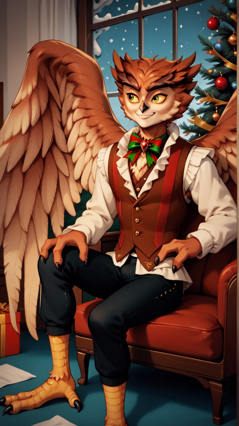 masterpiece, 1boy, herneval, solo, owl, feathered, wings, vest, yellow sclera, three fingers each hand, bird legs, spread wings, xmas, victorian indoors, xmas tree, pile of xmas gifts around, snow in window, sitting in a red couch, light smile, 