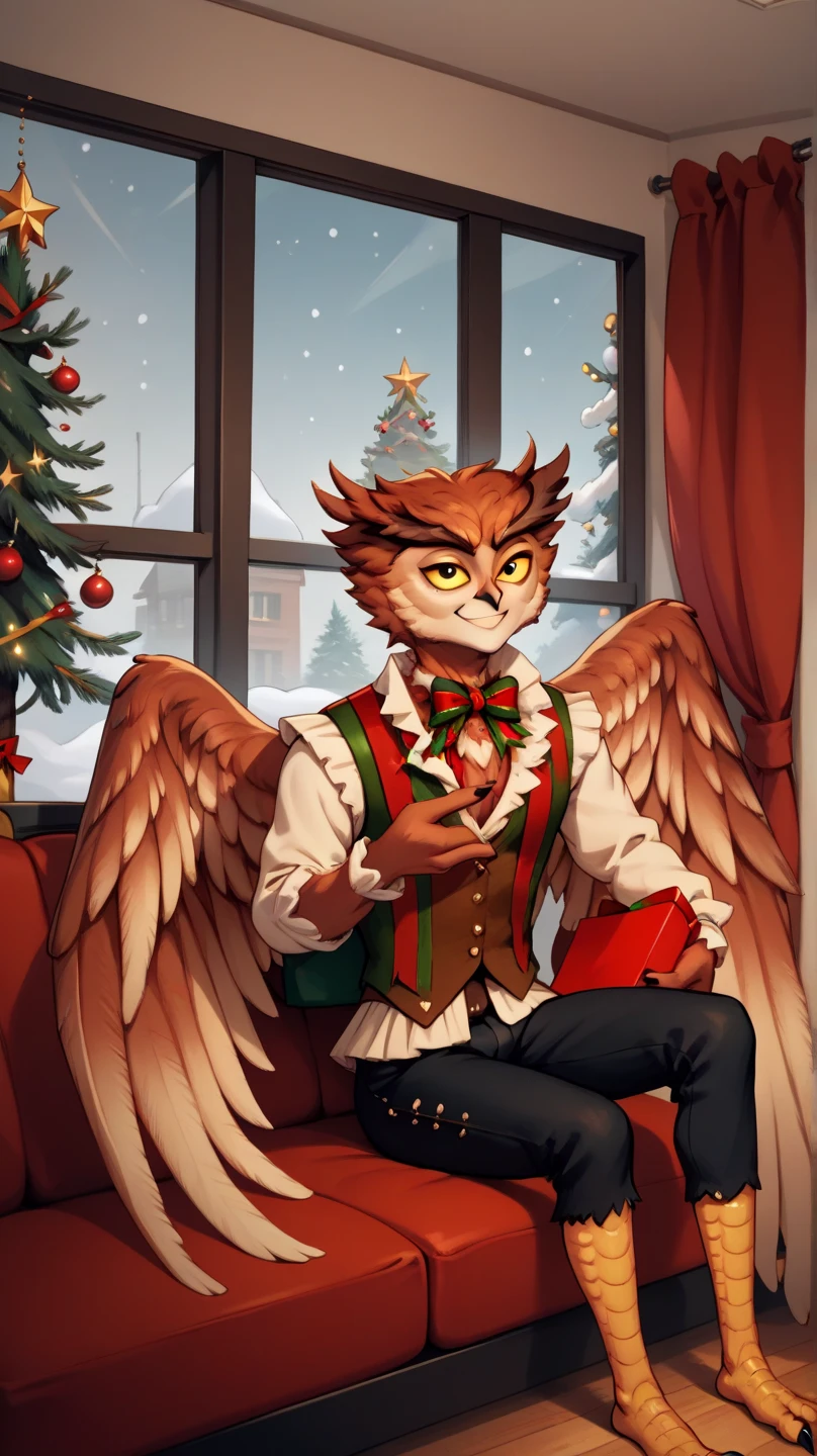 masterpiece, 1boy, herneval, solo, owl, feathered, wings, vest, yellow sclera, three fingers each hand, bird legs, spread wings, xmas, victorian indoors, xmas tree, pile of xmas gifts around, snow in window, sitting in a red couch, light smile, 