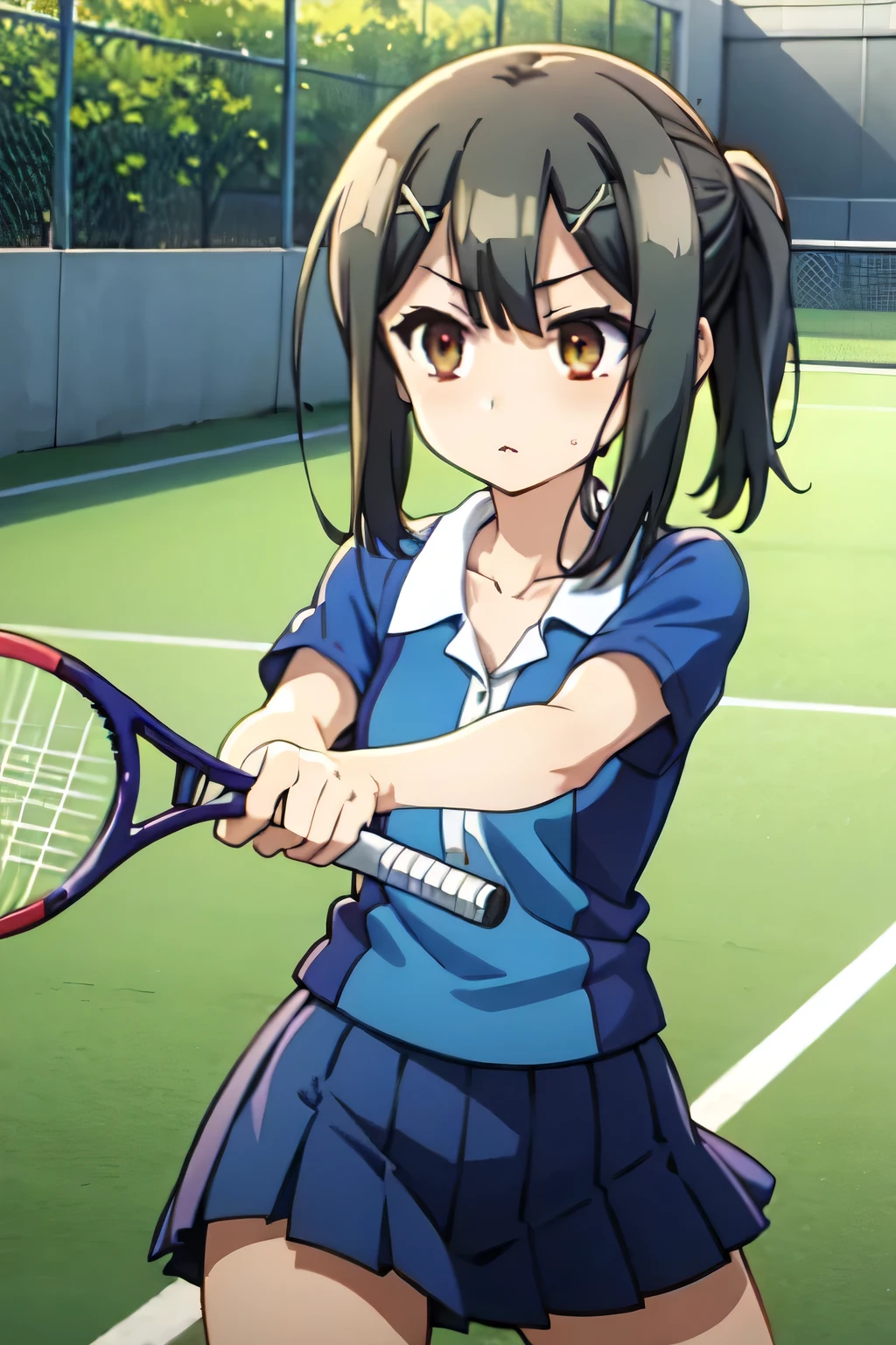 She is wearing a blue tennis outfit, with her white undergarments visible. She holds a single tennis racket with both hands in a poised and focused manner. The lush green grass tennis court stretches out in the background. This scene radiates elegance, power, and athletic skill. Masterpiece , top quality, ( colorful ),(gentle eyes and face ), Volumetric Light , ray tracing, Highly Detailed CG Unity 8K Wallpaper , 1 girl , clavicle, Short sleeve, 