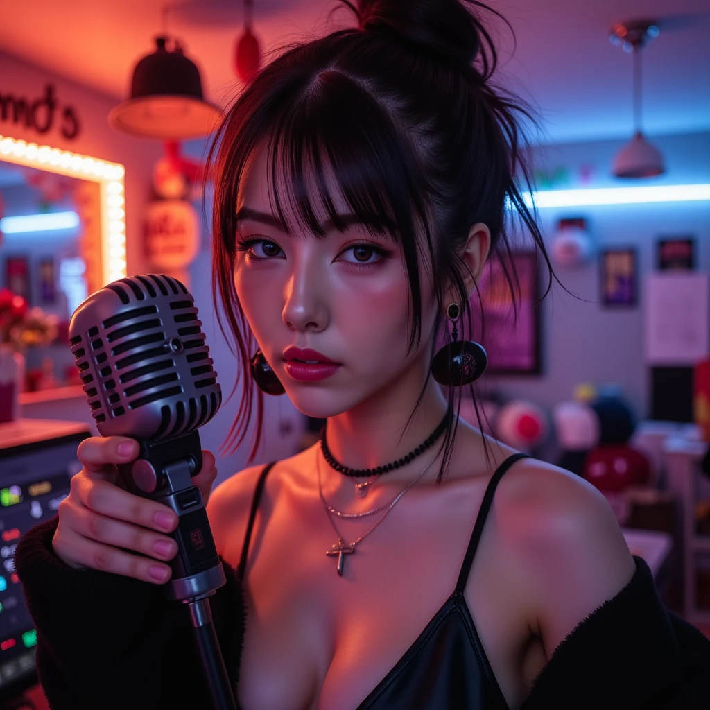  top quality, High quality 8k,  beautiful Japanese woman ,  Breathtakingly Beautiful Photos ,  Messy Damp Brown Hair  ,  Staring Sharp at the Viewer , vintage microphone :1.21,  holding a box-shaped retro microphone , A pose that emphasizes the clevis,  very gorgeous punk girl singer:1.331,  light brown hair  :1.331, Unkempt medium hair ,   Brown Eyes  , Heavy makeup,   gal makeup, Landmine Girl, Dark style, Extremely skin-baring ,  Black Leather Camisole ,  big black earrings , Black pearl necklace, Attractive look ,  A gorgeous punk girl singer in a retro studio , Extremely Cool Lighting , Perfect composition , Proper placement, Golden Ratio,