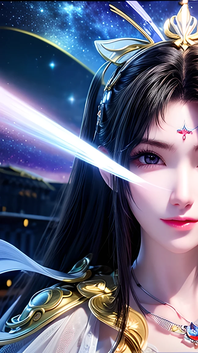 (masterpiece, high quality, best quality, Official Art , Beautiful and wonderful :1.2), ( 1 girl), extremely detailed eyes , (Fractal Art:1.3), Colorful, Most detailed, ( perfect face), glossy skin , high dynamic range , ( white cape gold lines :1.2), galaxy, (Light streaks), attention-grabbing visual effects, (Dynamic stripes , glowing trajectory :1.2), bright colors ,No teeth showing,Don't open your mouth,Not blurry。