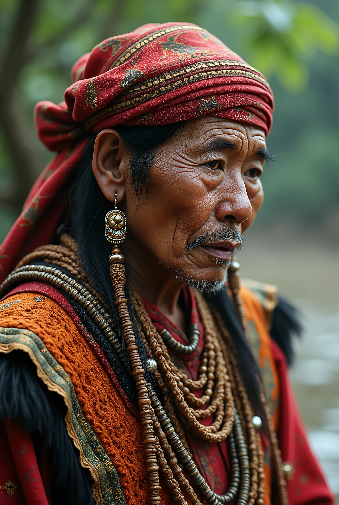 An Alifuru tribe man wearing a red beaver cloth headband 