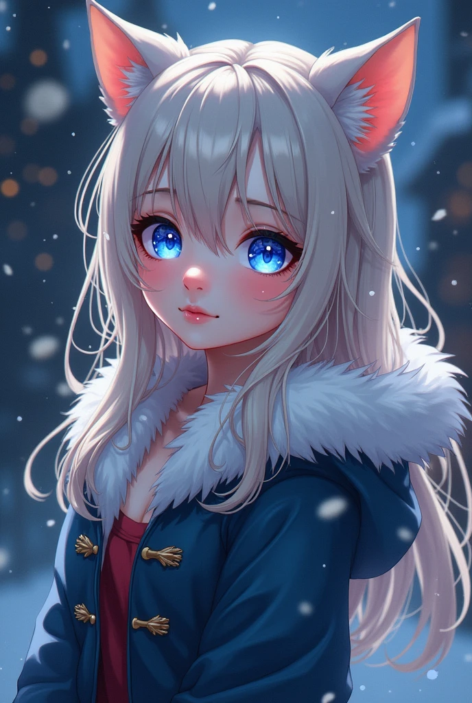 beautiful woman, platinum blonde hair, blue cat eyes, Christmas, Anime, Horns, dark, Cartoon, Cute