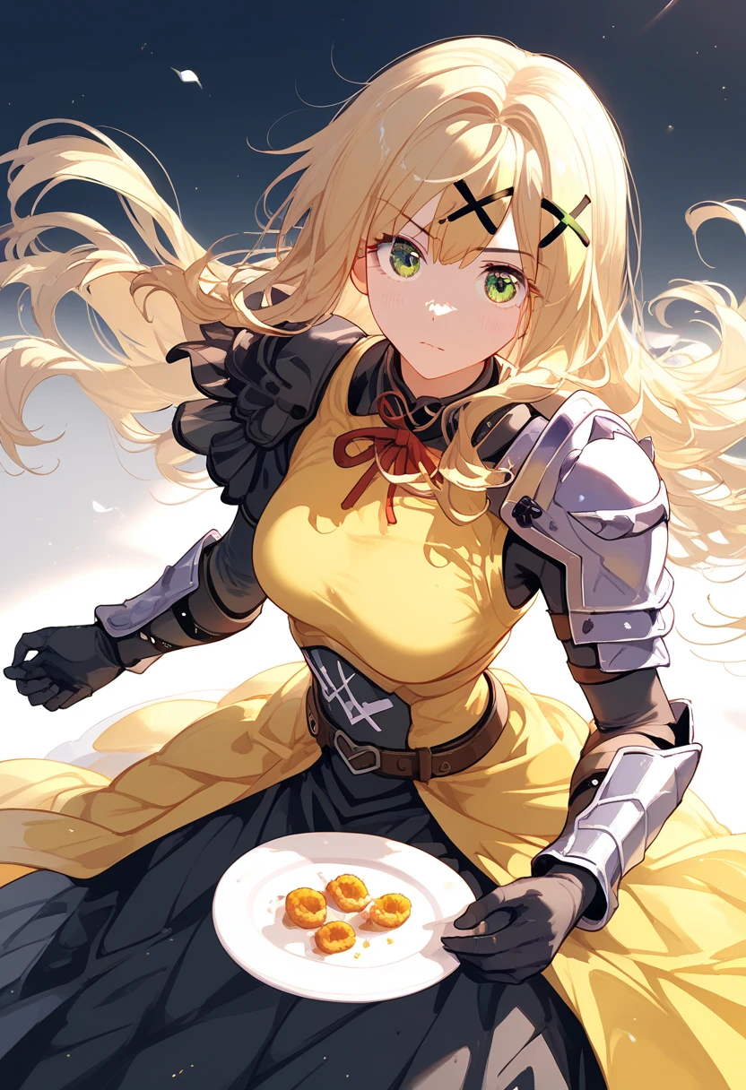 akatsuki kirika, blonde hair, 1girl, solo, green eyes, looking at viewer, medium breasts , x hair ornament, black bodysuit, armored dress, yellow dress, red ribbon, boobplate, shoulder armor, faulds, black gloves, belt, long skirt, armored boots,