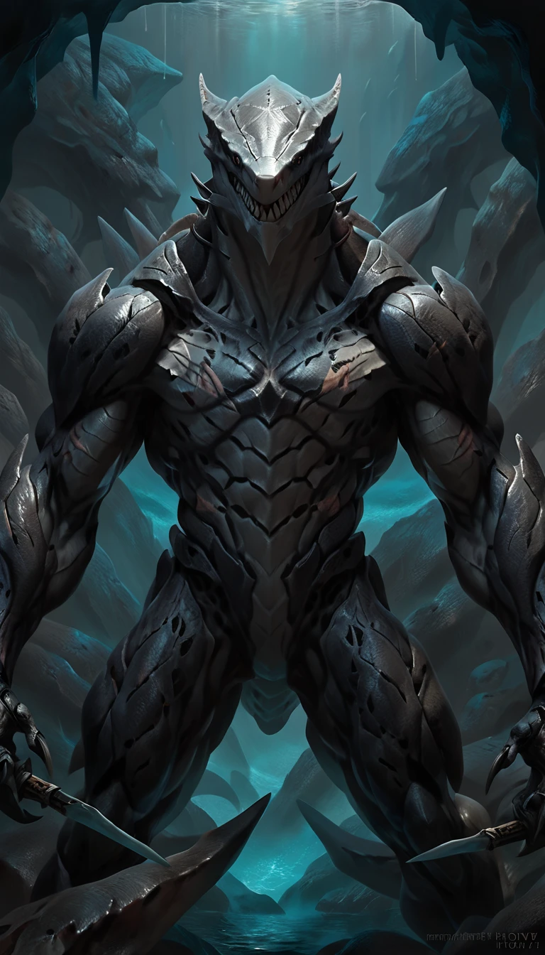 sharkfolk, anthro shark, solo, portrait, scaly, detailed skin, experienced predator, monster, grin, bio armor, mcnm, gray body, black arms, matte body, toned, muscular anthro, wide chest, mechanical tentacles from the spine, big muscles, scars on body, 1male solo, anthro, muscular, thick neck, big shark tail, strong arms and legs, sharp fins, pants, marked jaw, shark snout, water cave scenery, horror, best quality, 4k, ultra-detailed, by laobai, by taran fiddler, by honovy