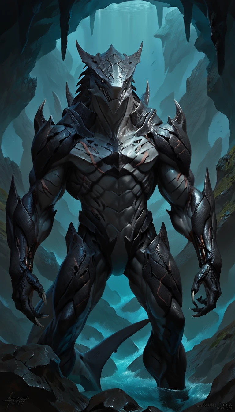 sharkfolk, anthro shark, solo, portrait, scaly, detailed skin, experienced predator, monster, grin, bio armor, mcnm, gray body, black arms, matte body, toned, muscular anthro, wide chest, mechanical tentacles from the spine, big muscles, scars on body, 1male solo, anthro, muscular, thick neck, big shark tail, strong arms and legs, sharp fins, pants, marked jaw, shark snout, water cave scenery, horror, best quality, 4k, ultra-detailed, by laobai, by taran fiddler, by honovy