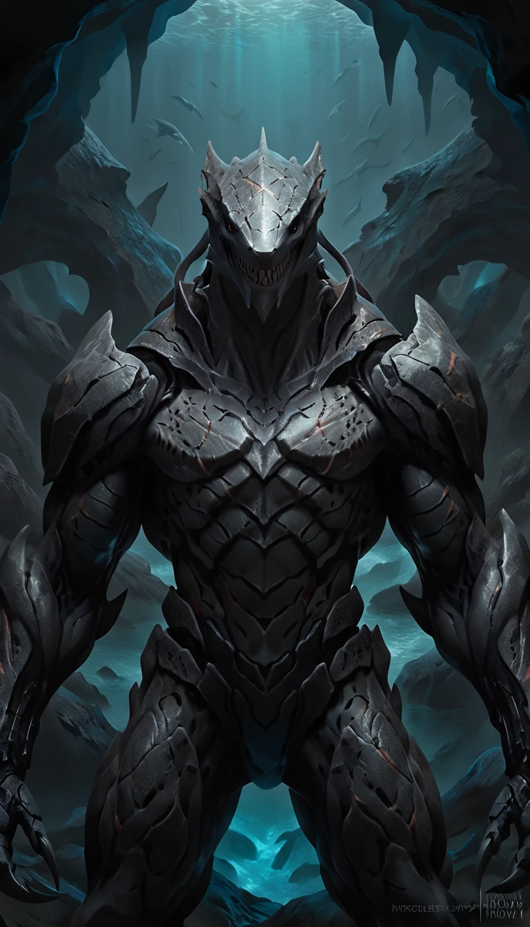 sharkfolk, anthro shark, solo, portrait, scaly, detailed skin, experienced predator, monster, grin, bio armor, mcnm, gray body, black arms, matte body, toned, muscular anthro, wide chest, mechanical tentacles from the spine, big muscles, scars on body, 1male solo, anthro, muscular, thick neck, big shark tail, strong arms and legs, sharp fins, pants, marked jaw, shark snout, water cave scenery, horror, best quality, 4k, ultra-detailed, by laobai, by taran fiddler, by honovy