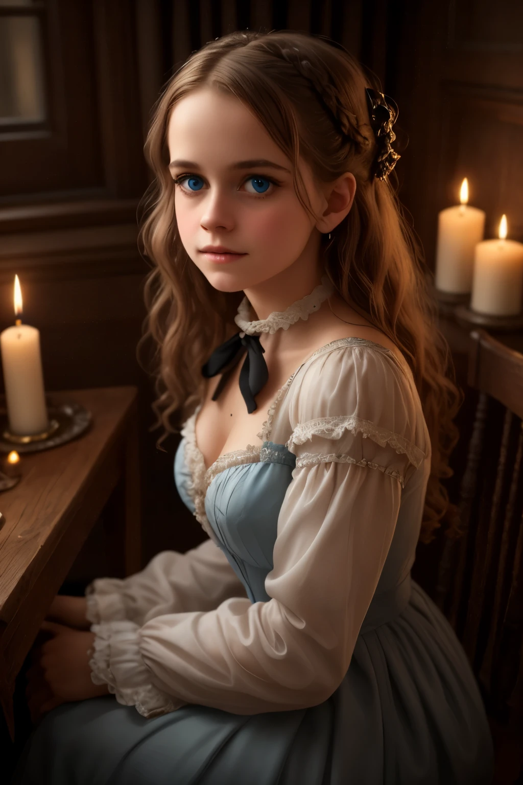 (best quality,realistic),Christmas Eve atmosphere,classic literature,portraits,Victorian era,Christmas Eve atmosphere,creepy mansion,richly detailed backgrounds, mysterious shadows,candlelit room,Virginia's flowing gown,subtle smiles,magic realism,ethereal beauty, Christmas Eve,intense gazes,subdued lighting,flickering candles,faded elegance,antique furniture,crimson drapes,sublime sorrow,transcendent artistry,translucent figures,heartfelt connection,gothic romance,emotional depth,unsettling silence,fleeting encounters,ethereal whispers,bittersweet revelation,sublime melancholy, llustration of Virginia Otis blonde hair blue eyes youngest cute face,