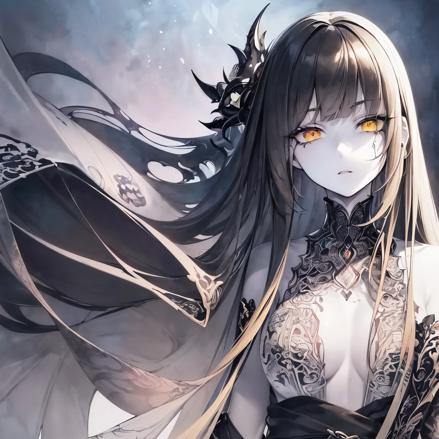 1 girl, mysterious expression, piercing eyes, long flowing black hair, gothic attire, enigmatic smile, pale complexion, elegant features
BREAK
dramatic high-angle shot, (bird's-eye view:1.2), symmetrical composition, stark monochrome, deep shadows, subtle highlights, haunting mood, artistic details
BREAK
ancient cathedral, stained glass windows, ornate pillars, flickering candles, ethereal atmosphere, secret whispers, timeless beauty, absurdres, highres, unique, masterpiece