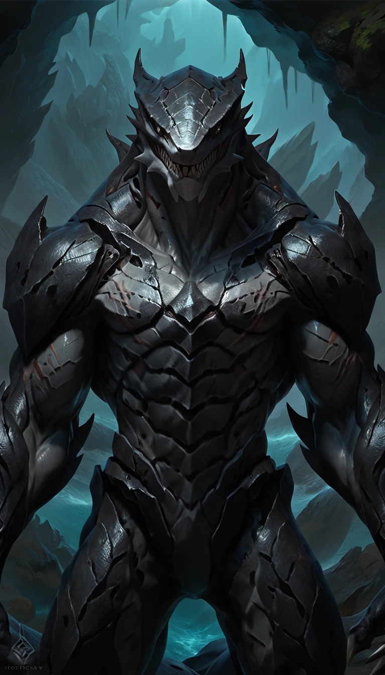 sharkfolk, anthro shark, solo, portrait, scaly, detailed skin, in motion, experienced predator, monster, grin, bio armor, mcnm, gray body, black arms, matte body, toned, muscular anthro, big pectorals, big muscles, scars on body, 1male solo, anthro, muscular, thick neck, big shark tail, strong arms and legs, sharp fins, pants, marked jaw, shark snout, water cave scenery, horror, best quality, 4k, ultra-detailed, by laobai, by taran fiddler, by honovy