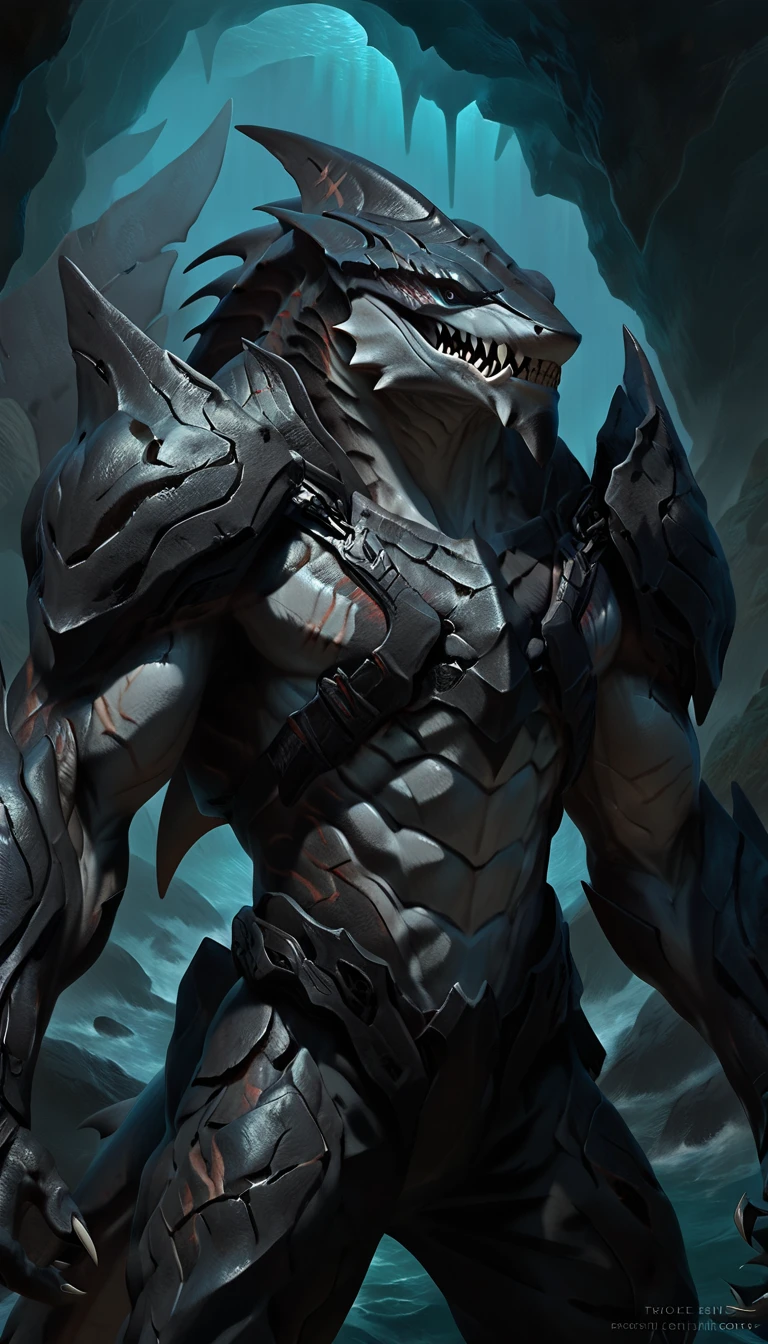 sharkfolk, anthro shark, solo, portrait, scaly, detailed skin, in motion, experienced predator, monster, grin, bio armor, mcnm, gray body, black arms, matte body, toned, muscular anthro, big pectorals, big muscles, scars on body, 1male solo, anthro, muscular, thick neck, big shark tail, strong arms and legs, sharp fins, pants, marked jaw, shark snout, water cave scenery, horror, best quality, 4k, ultra-detailed, by laobai, by taran fiddler, by honovy