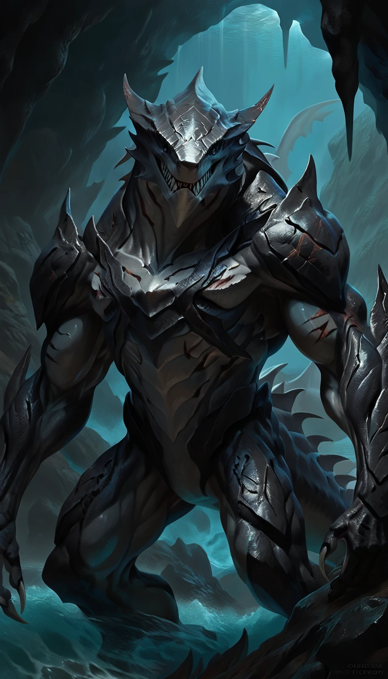 sharkfolk, anthro shark, solo, portrait, scaly, detailed skin, in motion, experienced predator, monster, grin, bio armor, mcnm, gray body, black arms, matte body, toned, muscular anthro, big pectorals, big muscles, scars on body, 1male solo, anthro, muscular, thick neck, big shark tail, strong arms and legs, sharp fins, pants, marked jaw, shark snout, water cave scenery, horror, best quality, 4k, ultra-detailed, by laobai, by taran fiddler, by honovy