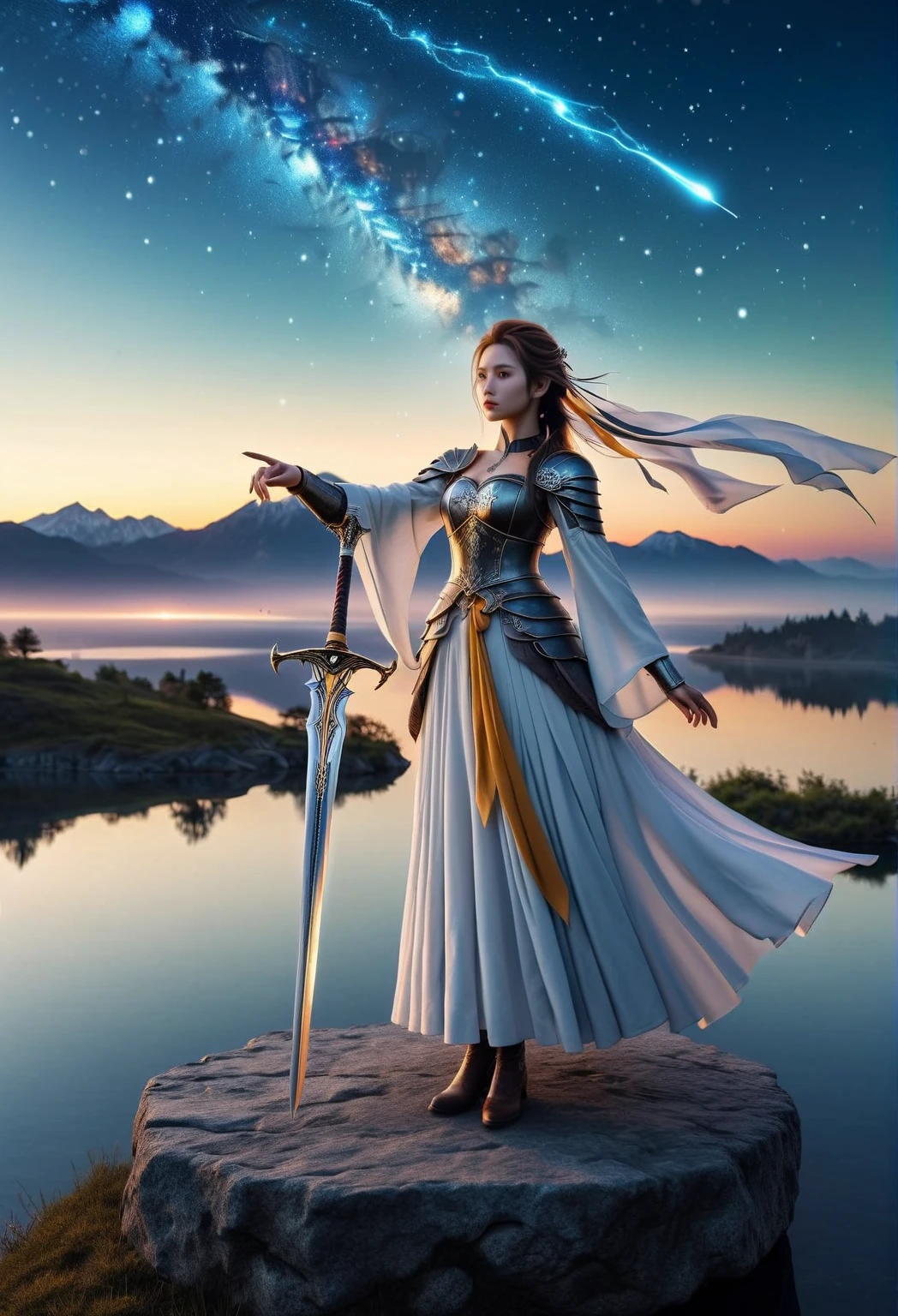 (8k,  top quality,   Masterpiece  ,  Final Fantasy Style: 1.2), ( unrealistic,  photorealistic : 1.37), ( A Magician Woman Standing by a Lake, owl，Big swinging bust, Cover the whole body with light, With sword and fire, Her sword shines in the heavens:1.1),  Dreamy Scenery , fantasy,  unrealisticな風景,  super detailed, Flying Medieval Castle,  Island in the Sky , Seven-colored light swirl, (meteorのMister. in flight {x} A long-tailed bird with a golden tail:1.3),  Aurora, Strong thunder, milky way, Complex Light, Mister.々Colored Light , Large Lake, Starry sky reflected on the lake, Countless shining stars, meteor, 多くのmeteor, Aura, ( A pillar of light was released from the ground:1,2), 複雑な文Mister.Magic Circle,