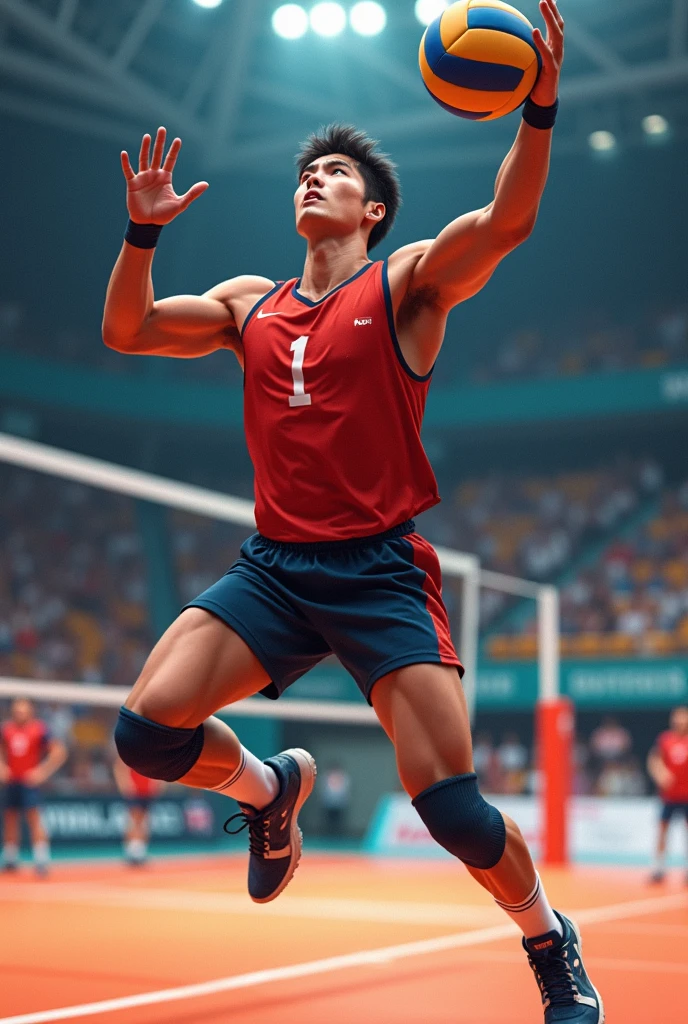 (1boy, photorealistic:1.4, ultra realistic, masterpiece:1.2, best quality, 4k), young olympic male volleyball player playing a game of volleyball, spiking the volleyball, photo from the olympic games, detailed face, ultra realistic skin, Olympic Games, shot on Nikon d850 50mm, dlsr, RAW, cinematic lighting, 3 point lighting, flash with soft box