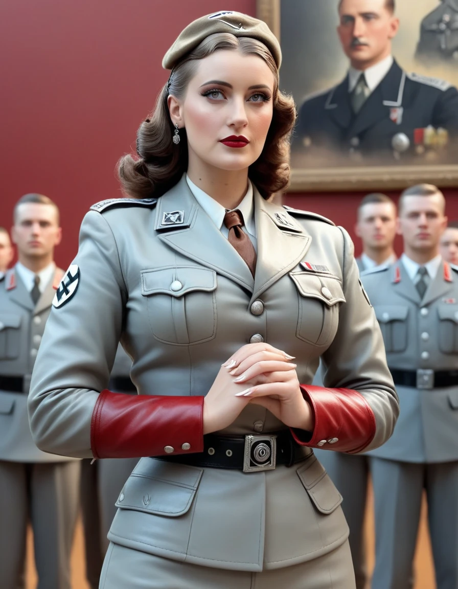 SS cap, nazi, swastika, realistic fingers, full body shot, army, perfect hands, beautiful face, real eyes, lifelike, real, photography, dynamic pose, grey nazi SS officer uniform, leather jacket, a pistol in its belt holster, Third Reich, perfect detail ornaments, necklace with the swastika, red cuff on the upper arm, beautiful, muscular body, realistic symmetry, blurry woman and men army in background, vibrant colors, hand quality, ethereal, epic, majestic, magical, fantasy art, cover art, dreamy, beautiful, female, ultrarealistic, soft lighting, 8k,