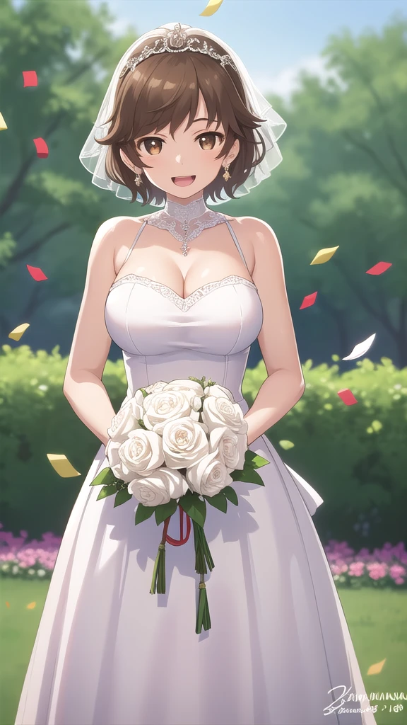 masterpiece, best quality, high quality, girl, solo, looking at viewer, kogure_kawanami, brown hair, brown eyes, large breasts, wedding Dress, standing, garden, confetti, holding bouquet, smile, open mouth,