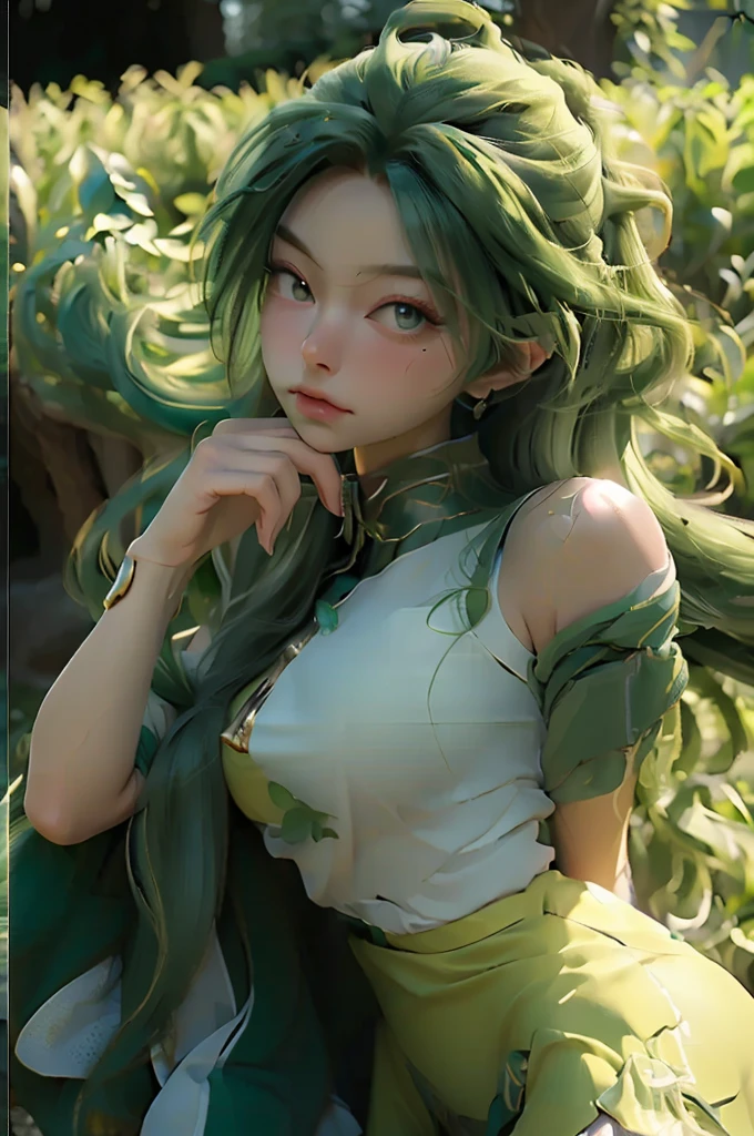 masterpiece, best quality, realistic, photograph, photorealism, hyper-detailed, perfect body, detailed eyes, beautiful girl, Sailor Neptune,green hair, green eyes, posing for photo, cool pose, happy, green collar, white gloves