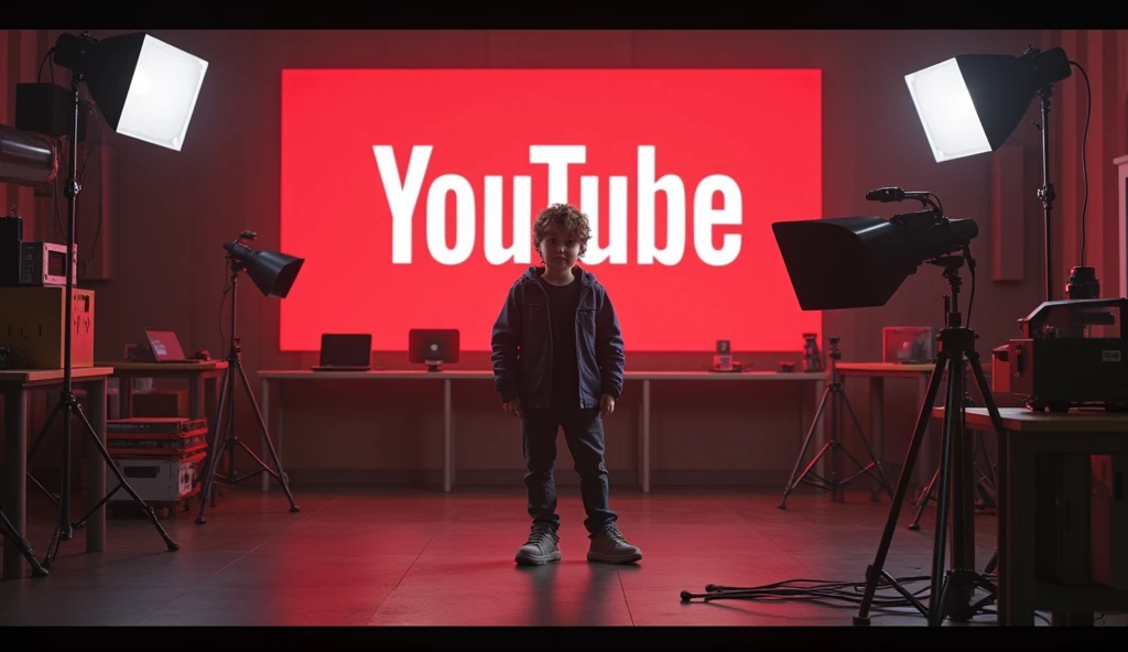 Create an image of a boy sitting at a table with his notebook with the YouTube logo in front of the notebook screen.