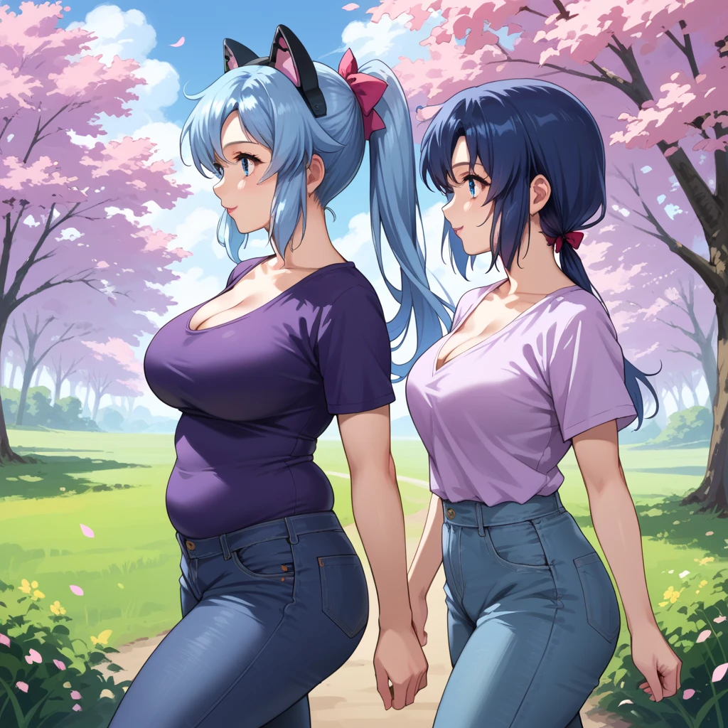 score_9, score_8_up, score_7_up,source_anime,BREAK, gundam_seed, 1girl. Adult woman, She has very long light blue hair side ponytail, bright blue eyes, pink metal (mechanical cat ears), round face, pink bow in her hair. she is (FAT) and chubby, voluptuous, with very large breasts, (plump belly), wide waist, thick arms, bubble butt, wearing a low neck purple shirt, low cut jeans.   In a field of cherry blossom trees.  masterpiece,best quality,amazing quality, walking, having fun, happy, cleavage, motion, looking away, side view